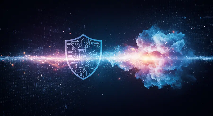Abstract image representing post-quantum cryptography, showing classical and quantum bits interacting, with a shield icon, in a secure digital environment.